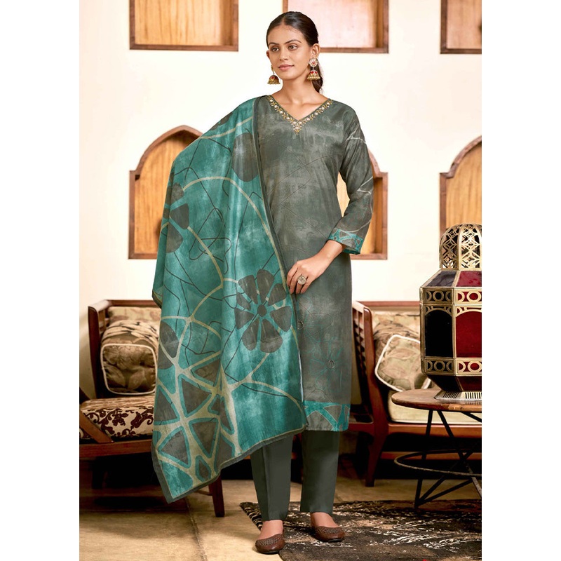 3 Pc Green Readymade Viscose Dupatta Suit Set - JD986599016