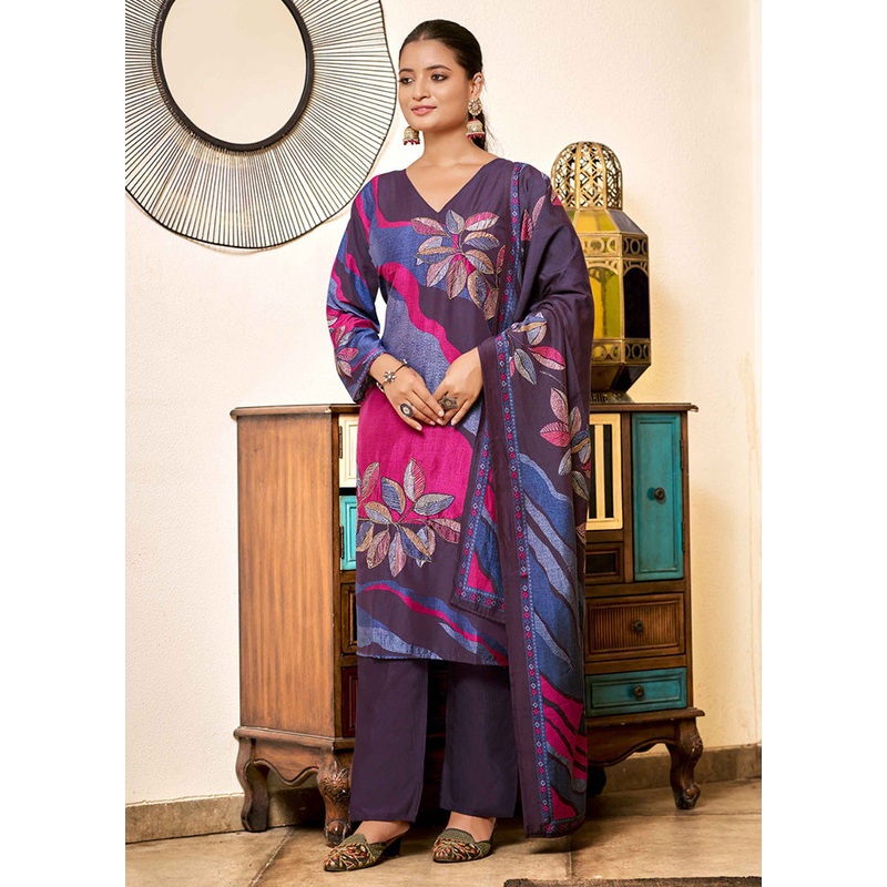 3 Pc Lavender Readymade Viscose Dupatta Suit Set - JD986599015
