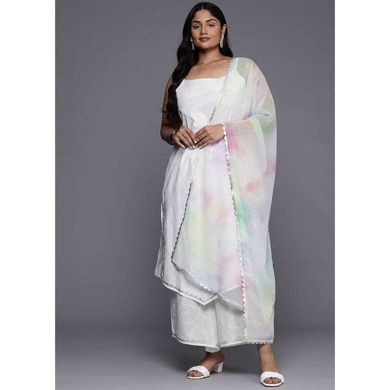 3 Pc White Pure Readymade Cotton Dupatta Suit Set - JD986598817
