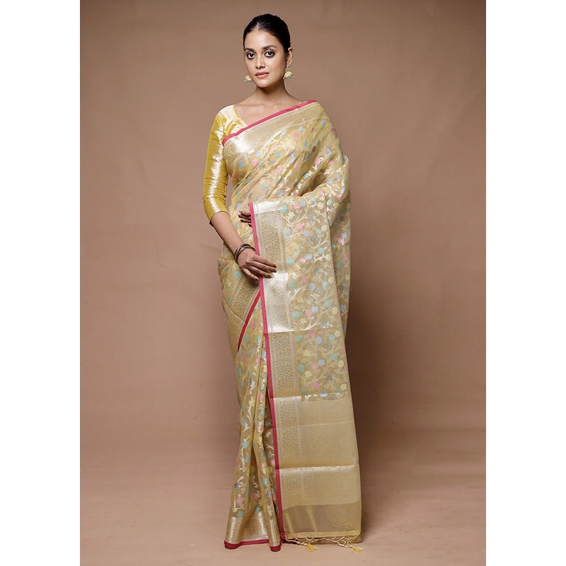 Beige Organza Saree With Blouse Piece - JD986598863