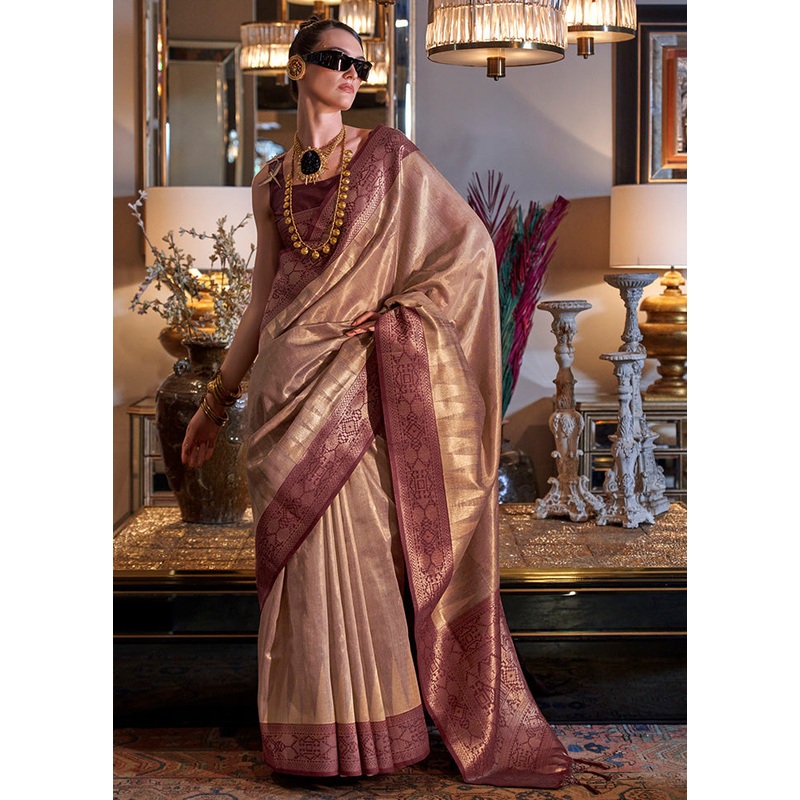 Beige Spun Silk Saree With Blouse Piece - JD986598991