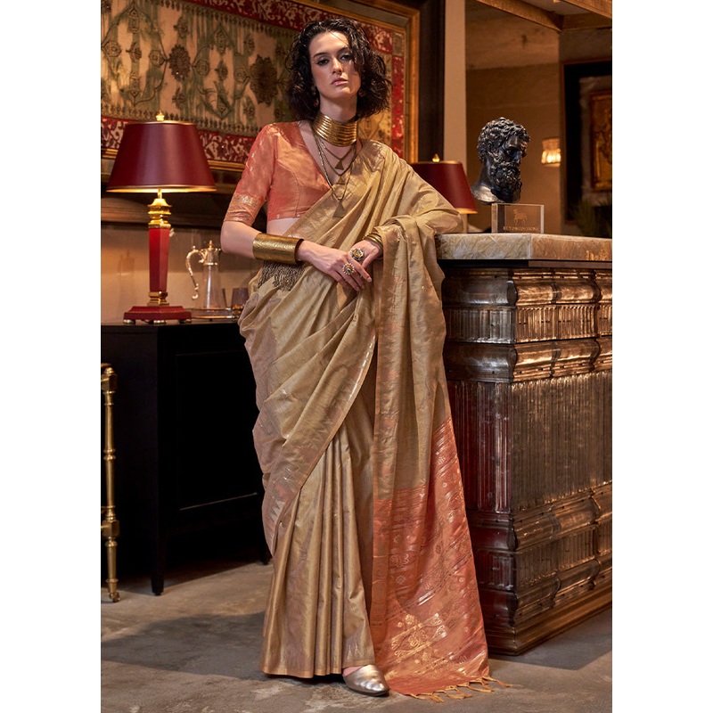 Beige Tussar Silk Saree With Blouse Piece - JD986598990