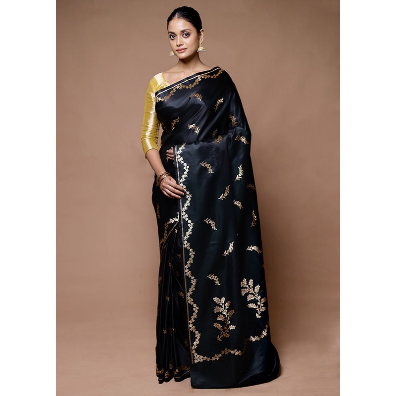 Black Banarasi Silk Saree With Blouse Piece - JD986598955