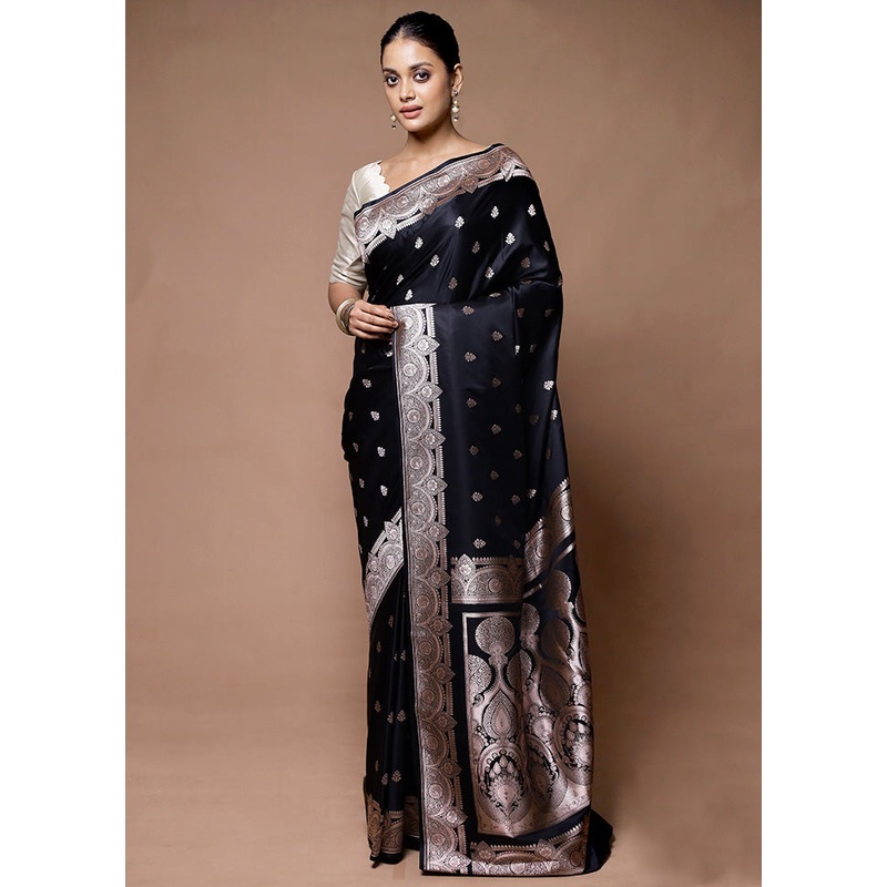 Black Katan Silk Saree With Blouse Piece - JD986598954