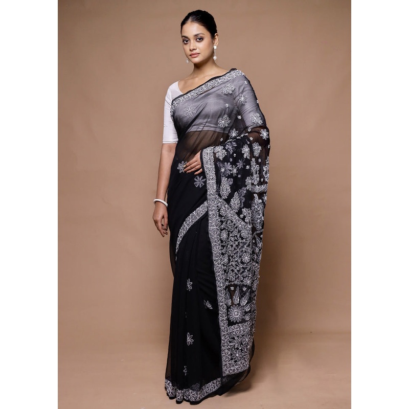 Black Pure Cotton Saree With Blouse Piece - JD986598953