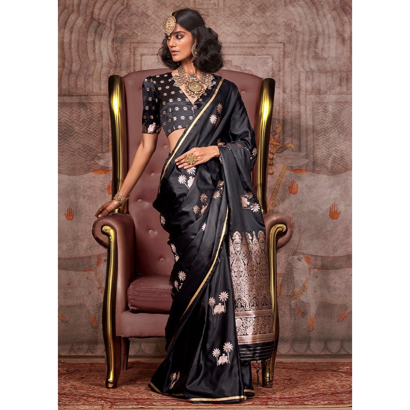 Black Satin Silk Saree With Blouse Piece - JD986598988