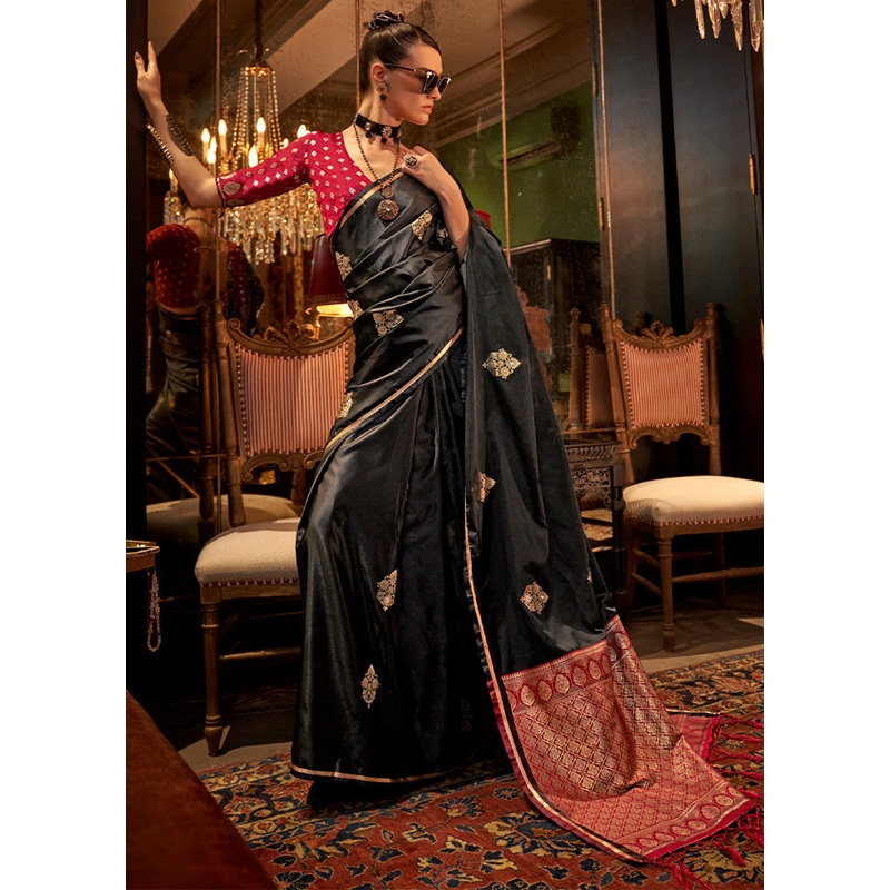 Black Satin Silk Saree With Blouse Piece - JD986598989