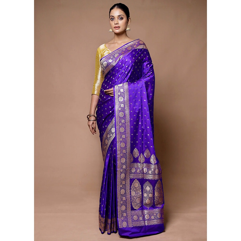 Blue Banarasi Silk Saree With Blouse Piece - JD986598876