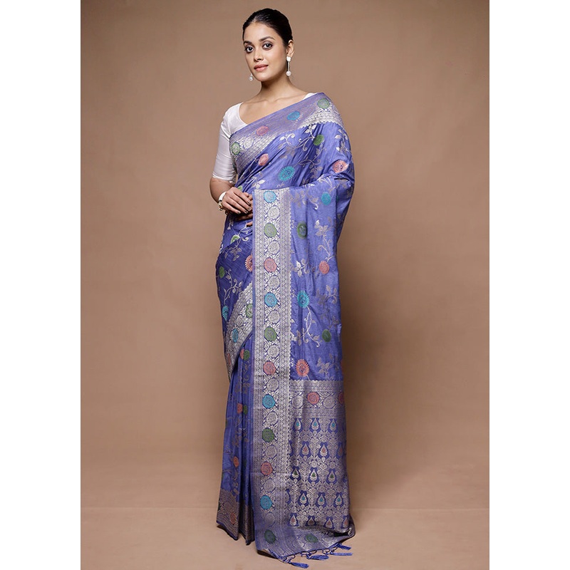Blue Dupion Silk Saree With Blouse Piece - JD986598948