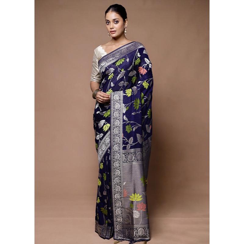 Blue Dupion Silk Saree With Blouse Piece - JD986598949