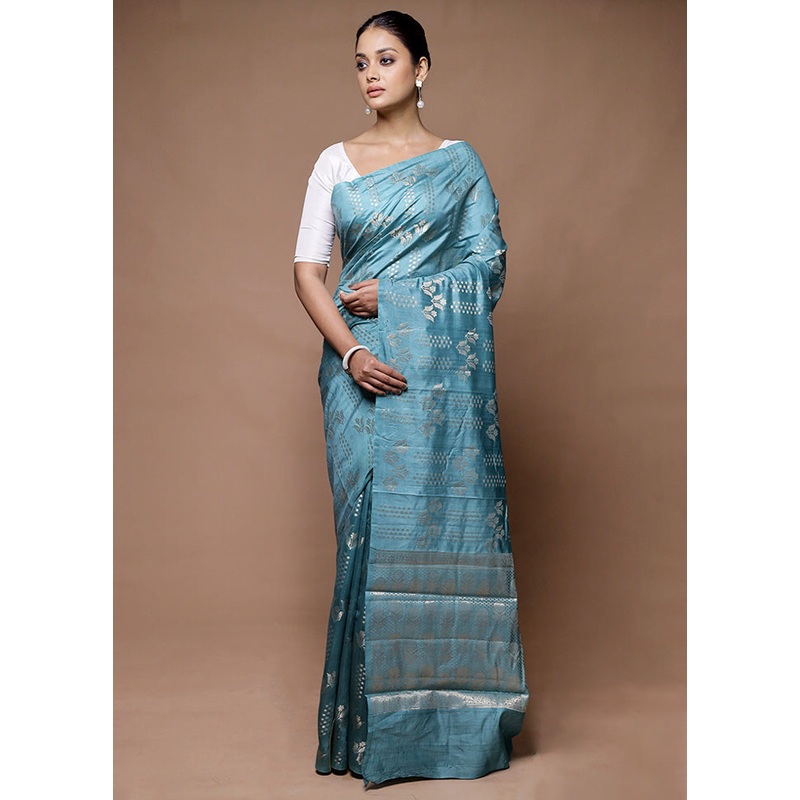 Blue Dupion Silk Saree With Blouse Piece - JD986598950