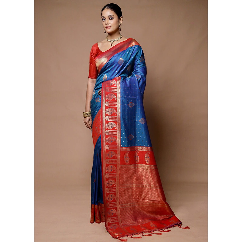 Blue Dupion Silk Saree With Blouse Piece - JD986598951
