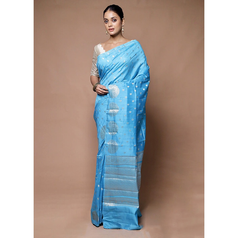 Blue Handloom Dupion Pure Silk Saree With Blouse Piece - JD986598947