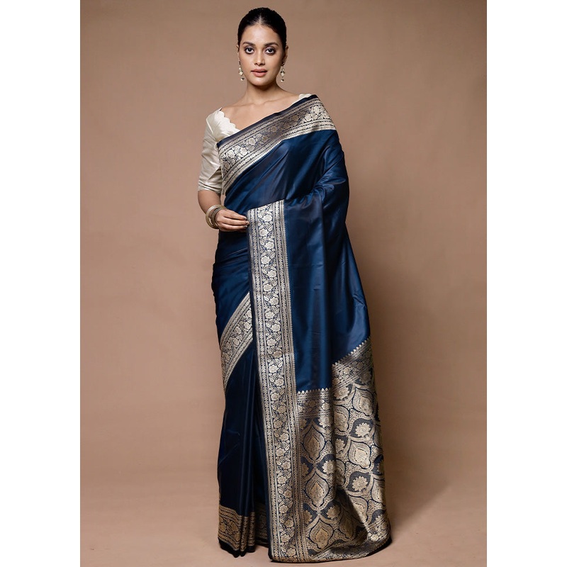 Blue Katan Silk Saree With Blouse Piece - JD986598946