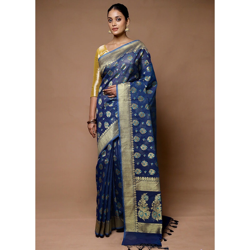 Blue Kora Silk Saree With Blouse Piece - JD986598941