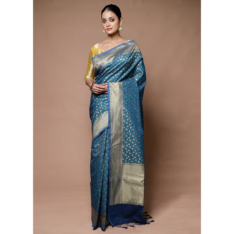 Blue Kora Silk Saree With Blouse Piece - JD986598943