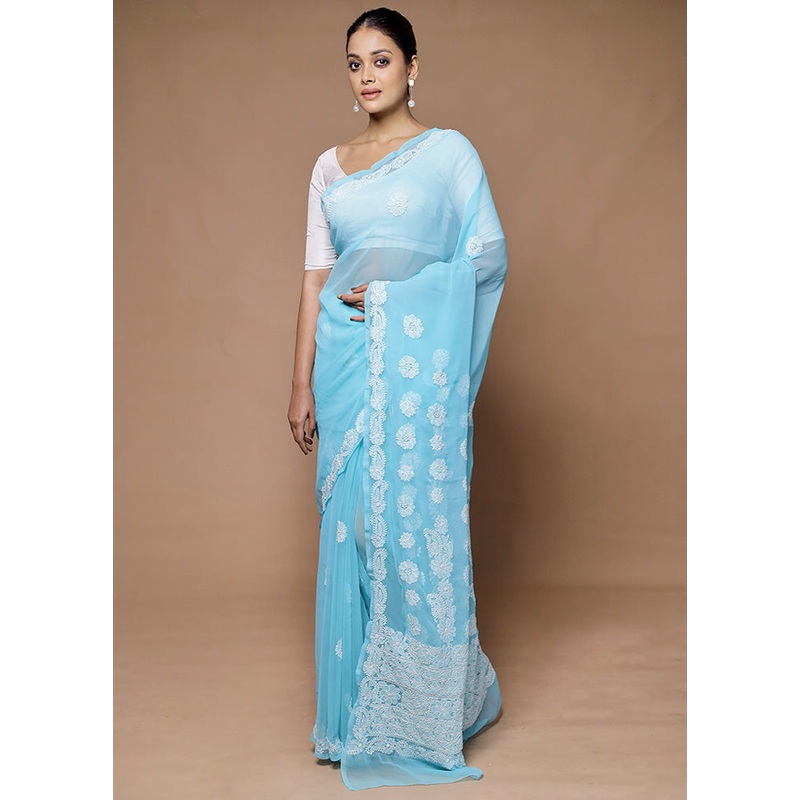 Blue Pure Cotton Saree With Blouse Piece - JD986598939