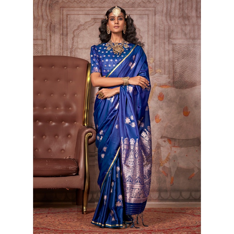 Blue Satin Silk Saree With Blouse Piece - JD986598986