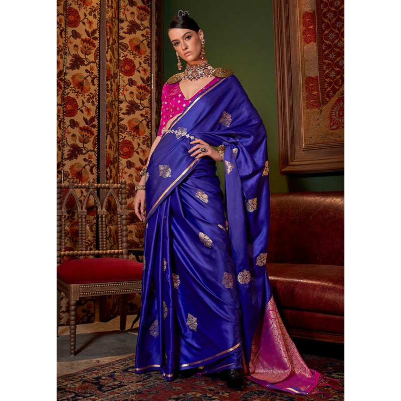 Blue Satin Silk Saree With Blouse Piece - JD986598987