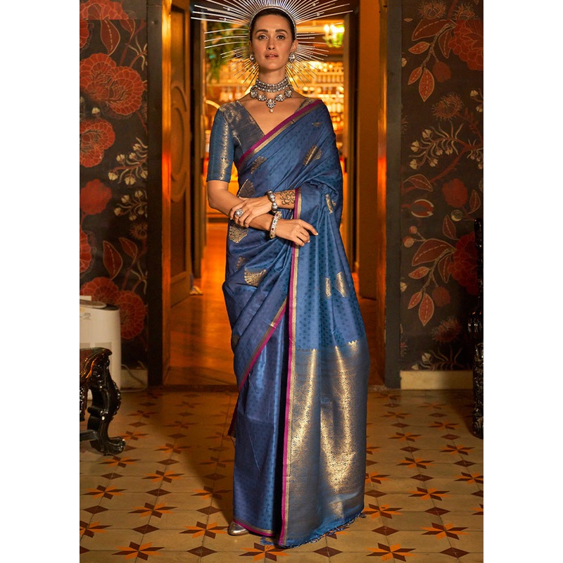 Blue Spun Silk Saree With Blouse Piece - JD986598985