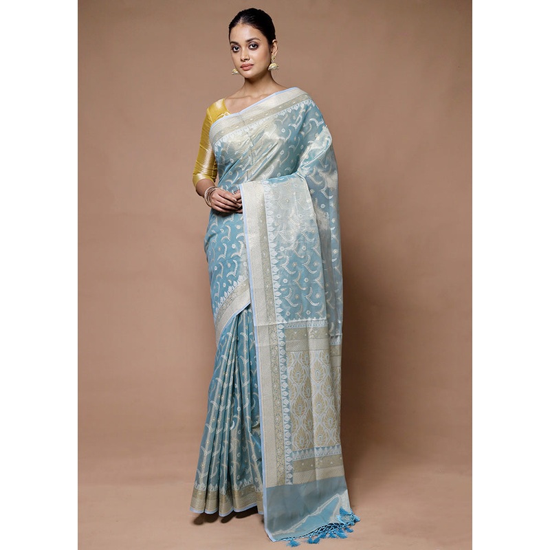 Blue Tissue Silk Saree With Blouse Piece - JD986598937