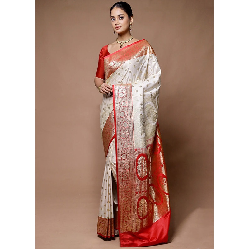 Cream Banarasi Silk Saree With Blouse Piece - JD986598926