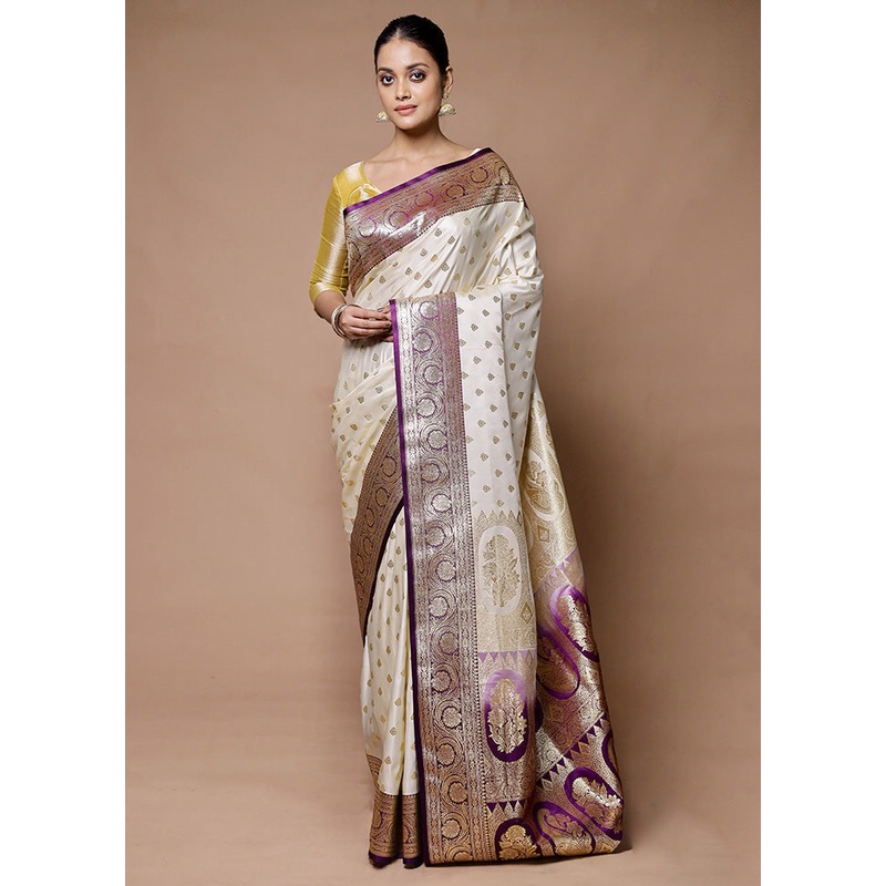 Cream Banarasi Silk Saree With Blouse Piece - JD986598928