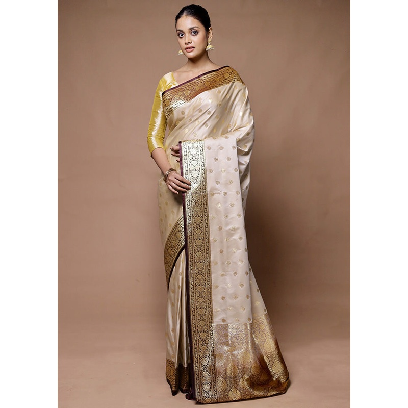 Cream Banarasi Silk Saree With Blouse Piece - JD986598929