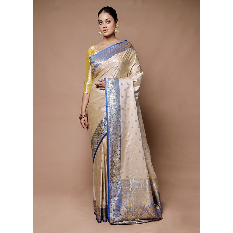 Cream Banarasi Silk Saree With Blouse Piece - JD986598930