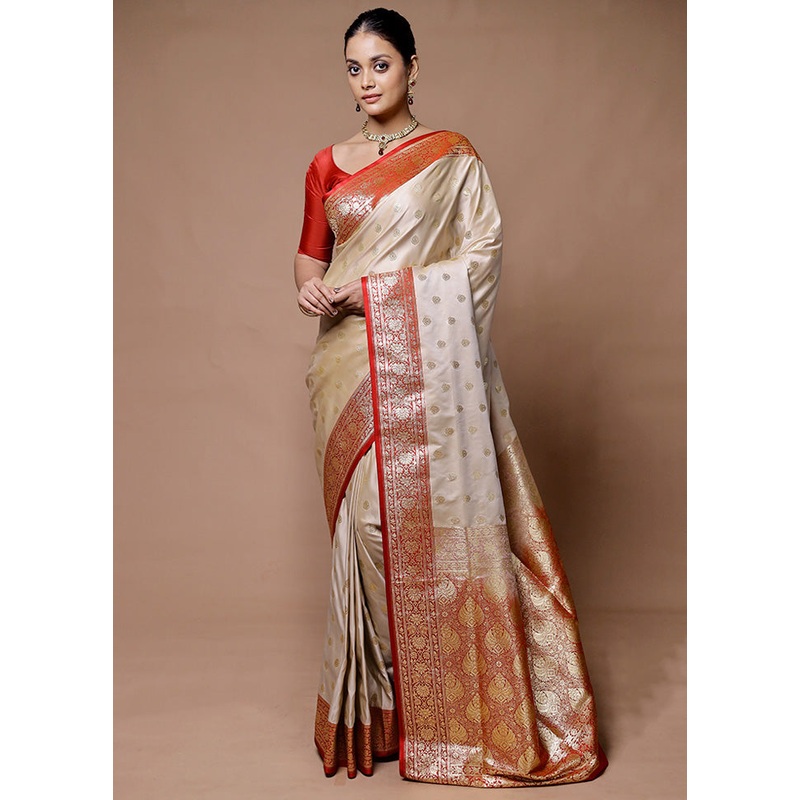Cream Banarasi Silk Saree With Blouse Piece - JD986598931