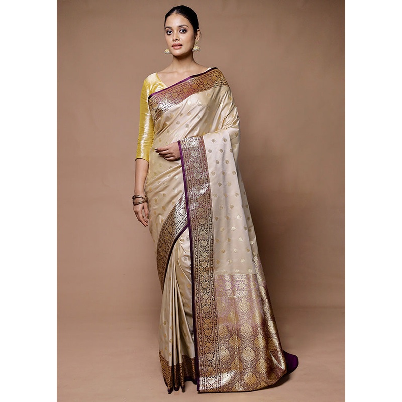 Cream Banarasi Silk Saree With Blouse Piece - JD986598932