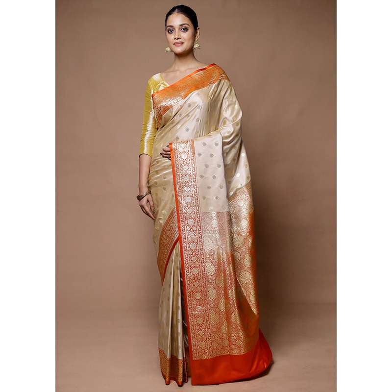Cream Banarasi Silk Saree With Blouse Piece - JD986598933