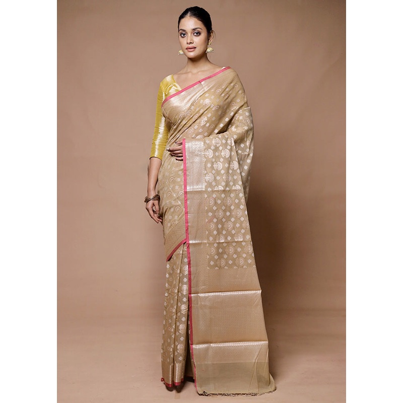 Cream Kora Silk Saree With Blouse Piece - JD986598924