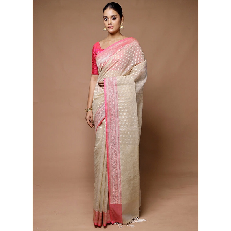 Cream Kora Silk Saree With Blouse Piece - JD986598925