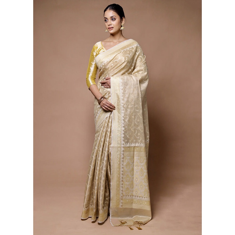 Cream Tissue Silk Saree With Blouse Piece - JD986598922