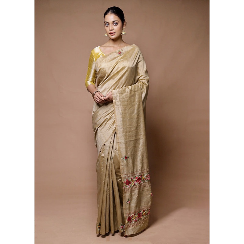 Cream Tussar Silk Saree With Blouse Piece - JD986598921