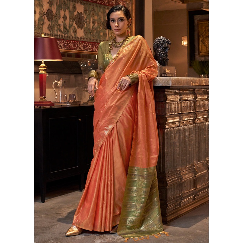 Dark Peach Tussar Silk Saree With Blouse Piece - JD986598983