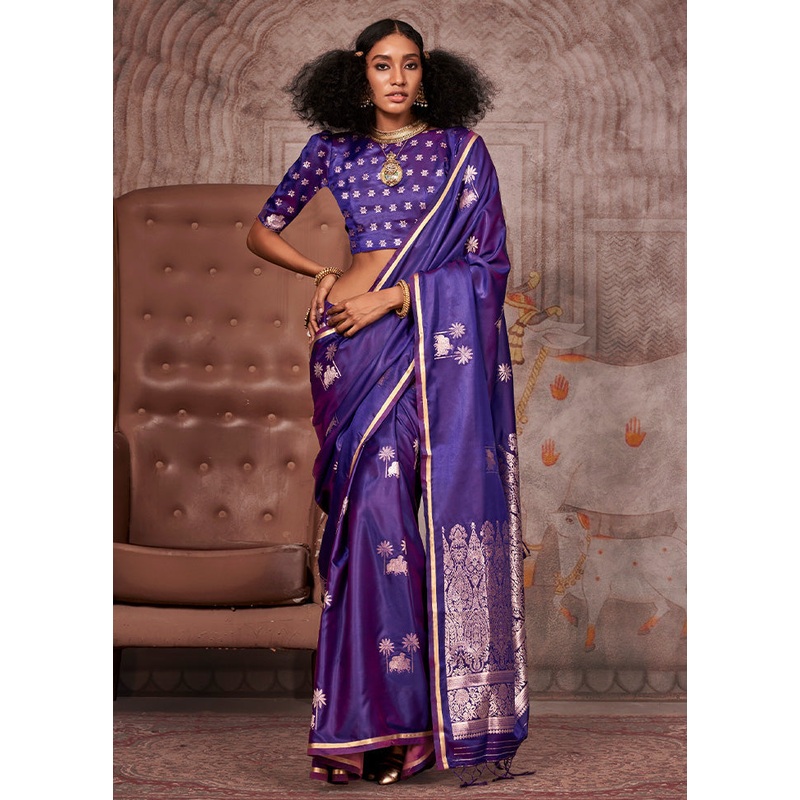 Dark Purple Satin Silk Saree With Blouse Piece - JD986598982
