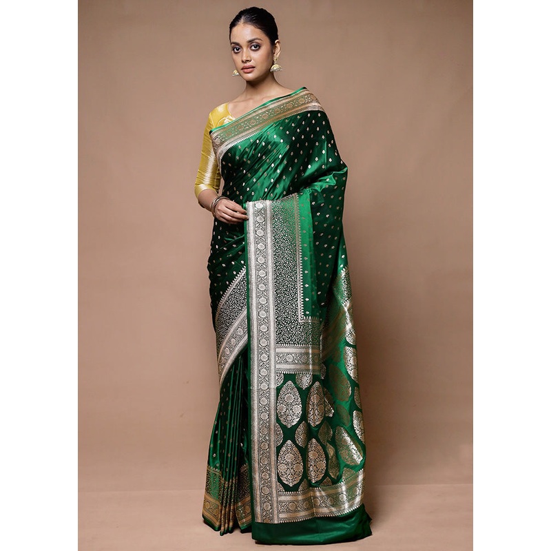 Green Banarasi Silk Saree With Blouse Piece - JD986598917