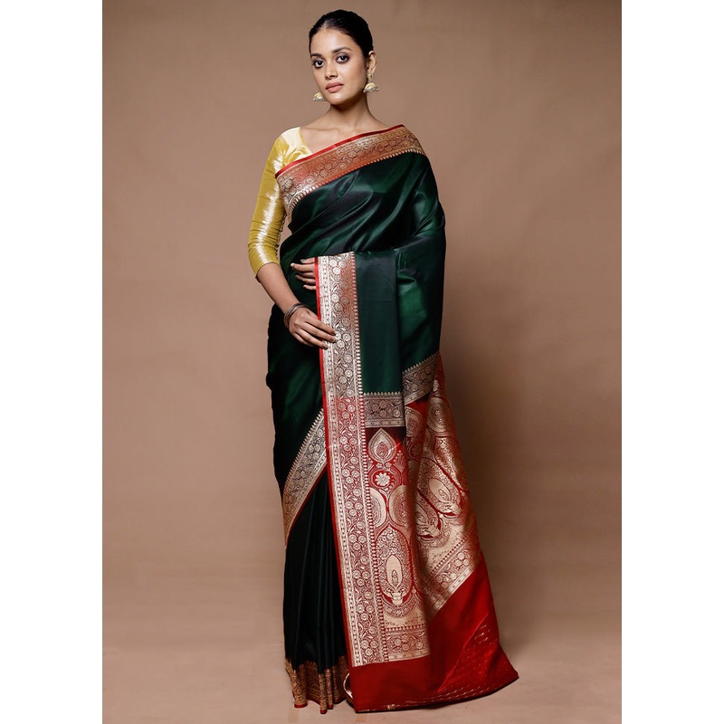 Green Banarasi Silk Saree With Blouse Piece - JD986598918