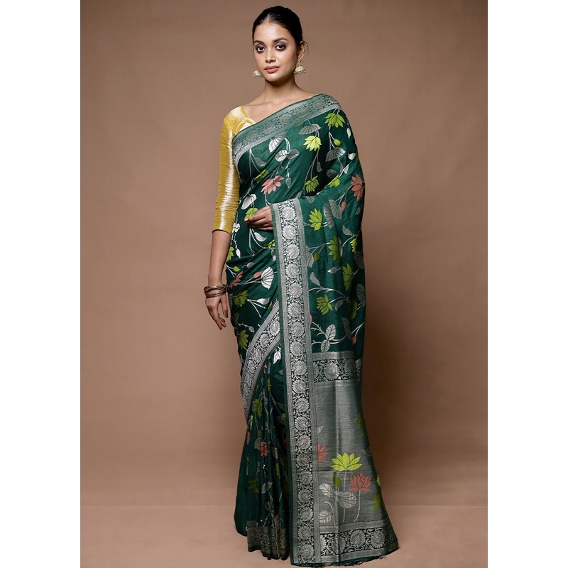 Green Dupion Silk Saree With Blouse Piece - JD986598915