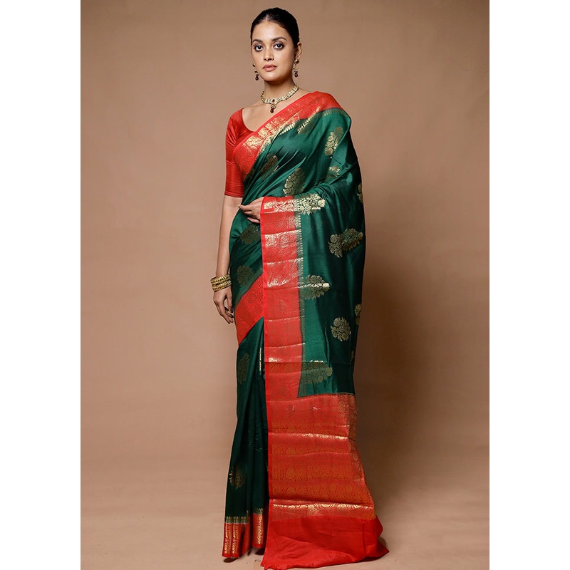 Green Handloom Dupion Pure Silk Saree With Blouse Piece - JD986598914