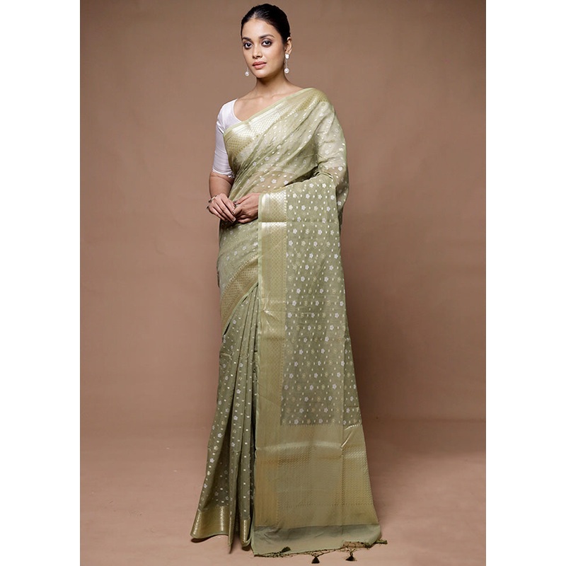 green Kora Silk Saree With Blouse Piece - JD986598911