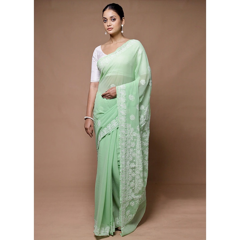 green Pure Cotton Saree With Blouse Piece - JD986598907