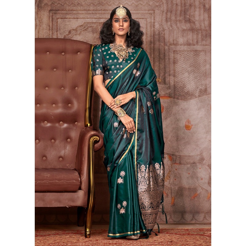 Green Satin Silk Saree With Blouse Piece - JD986598980