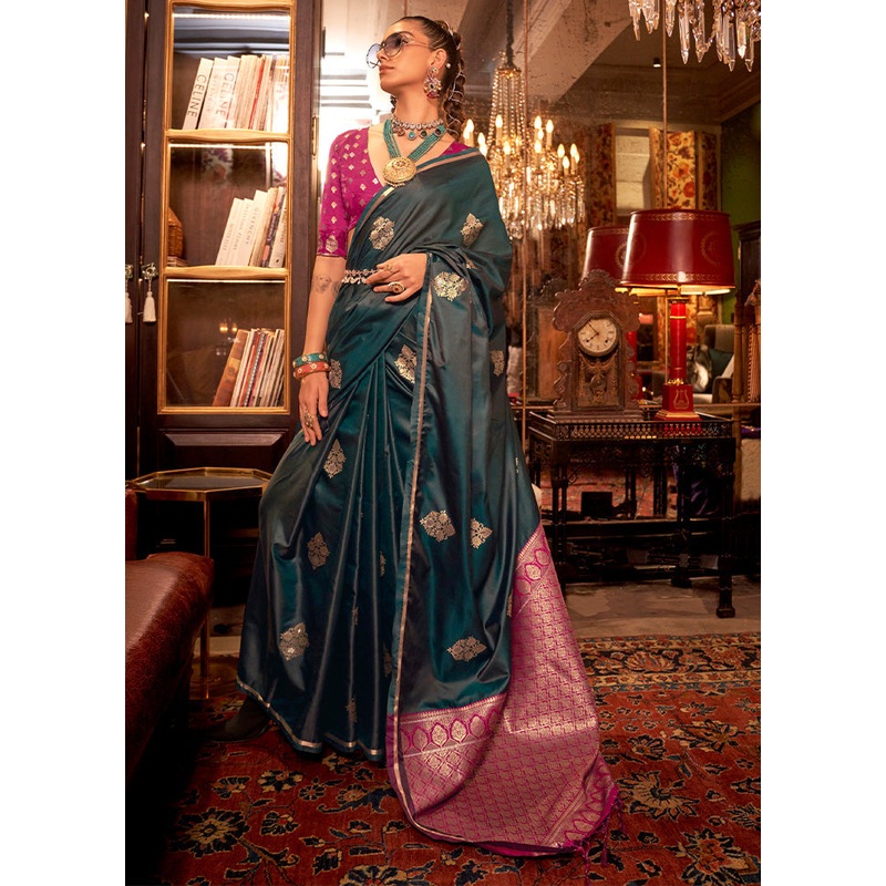 Green Satin Silk Saree With Blouse Piece - JD986598981
