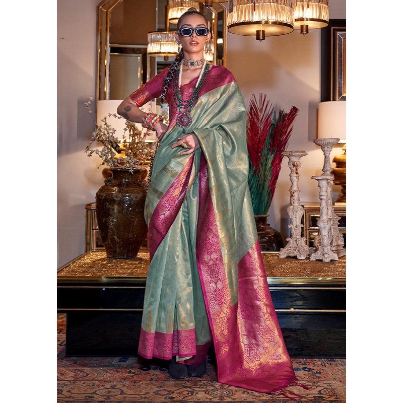 Green Spun Silk Saree With Blouse Piece - JD986598958