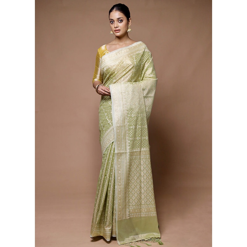 Green Tissue Silk Saree With Blouse Piece - JD986598906