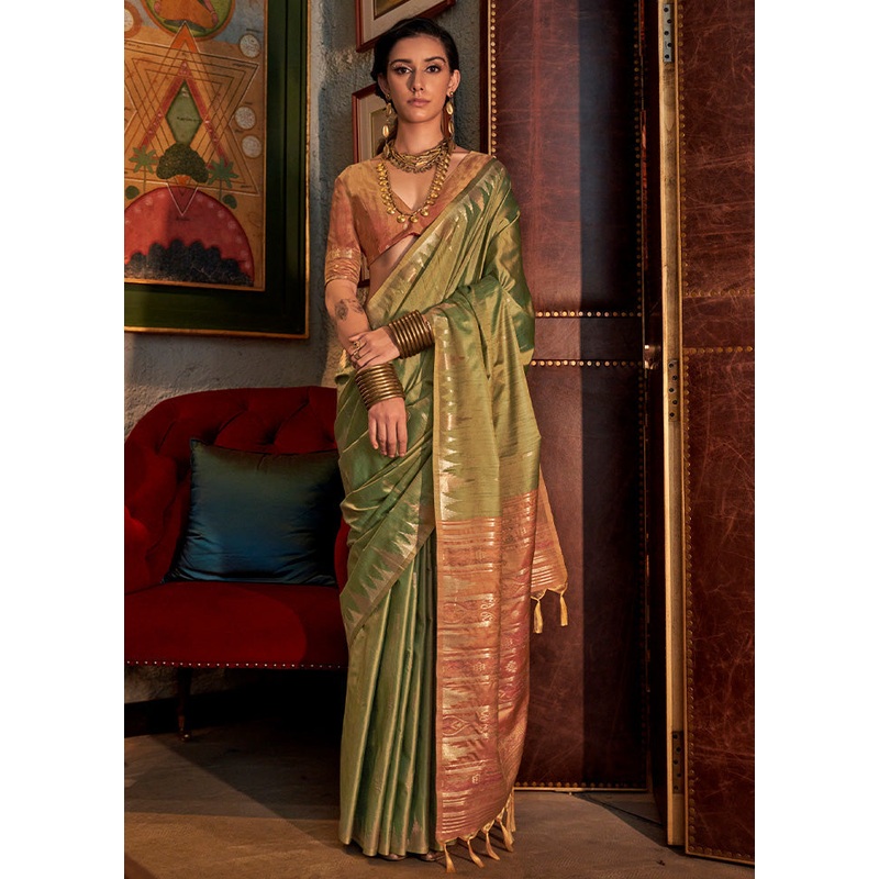 Green Tussar Silk Saree With Blouse Piece - JD986598979