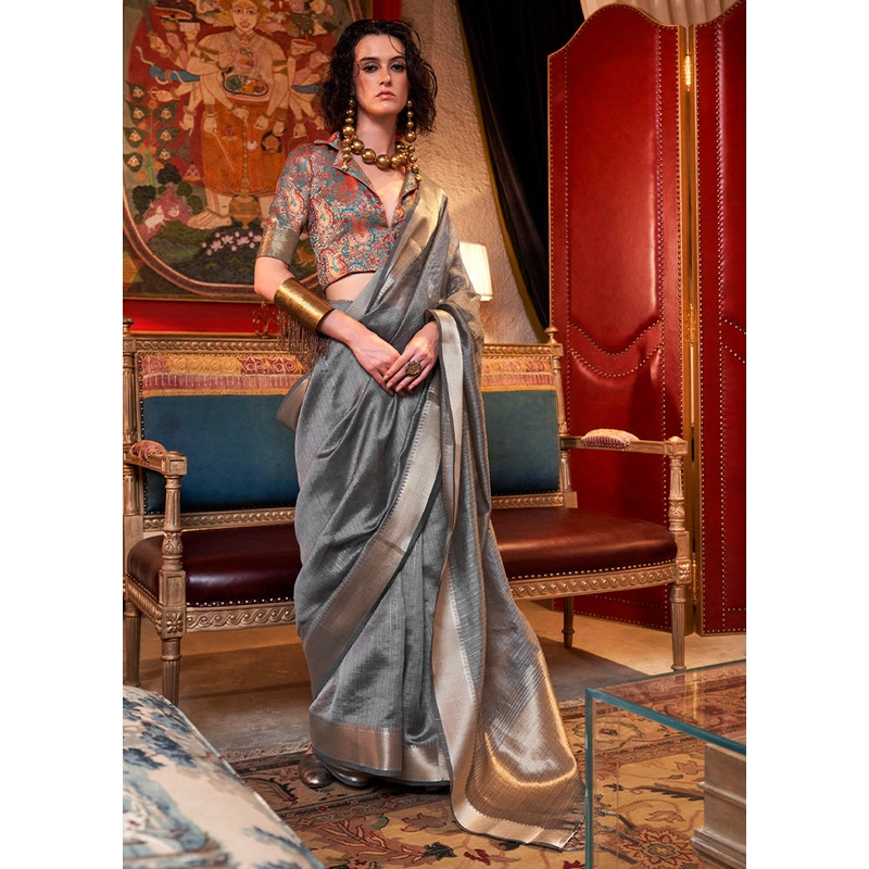 Grey Chiffon Silk Saree With Blouse Piece - JD986598978